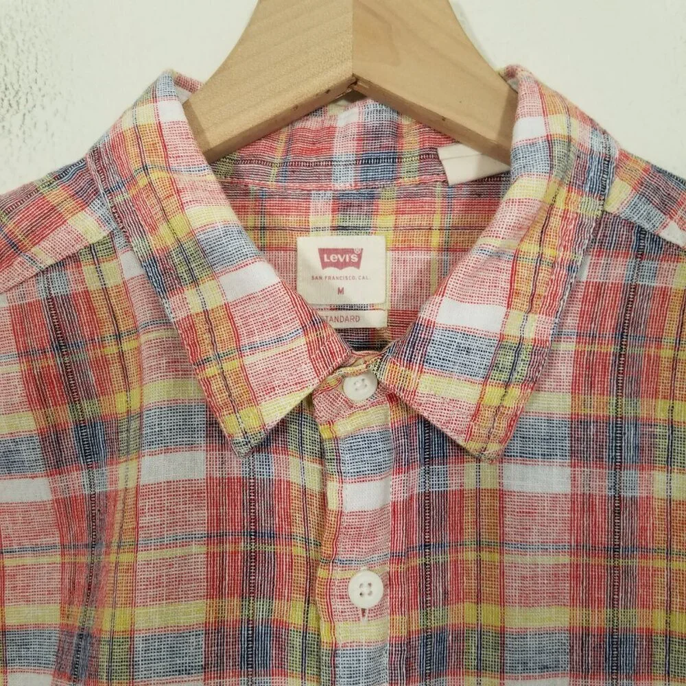 Levi's Linen Blend Plaid Button Down Shirt Short Sleeve Size M